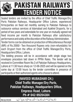 Pakistan Railways Lahore Tender Notice